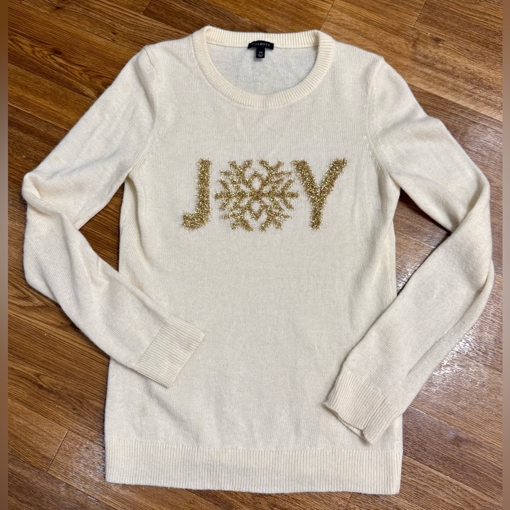 Talbots classy preppy chic casual Cream & Gold Christmas sweater wool blend XS - Picture 7 of 7
